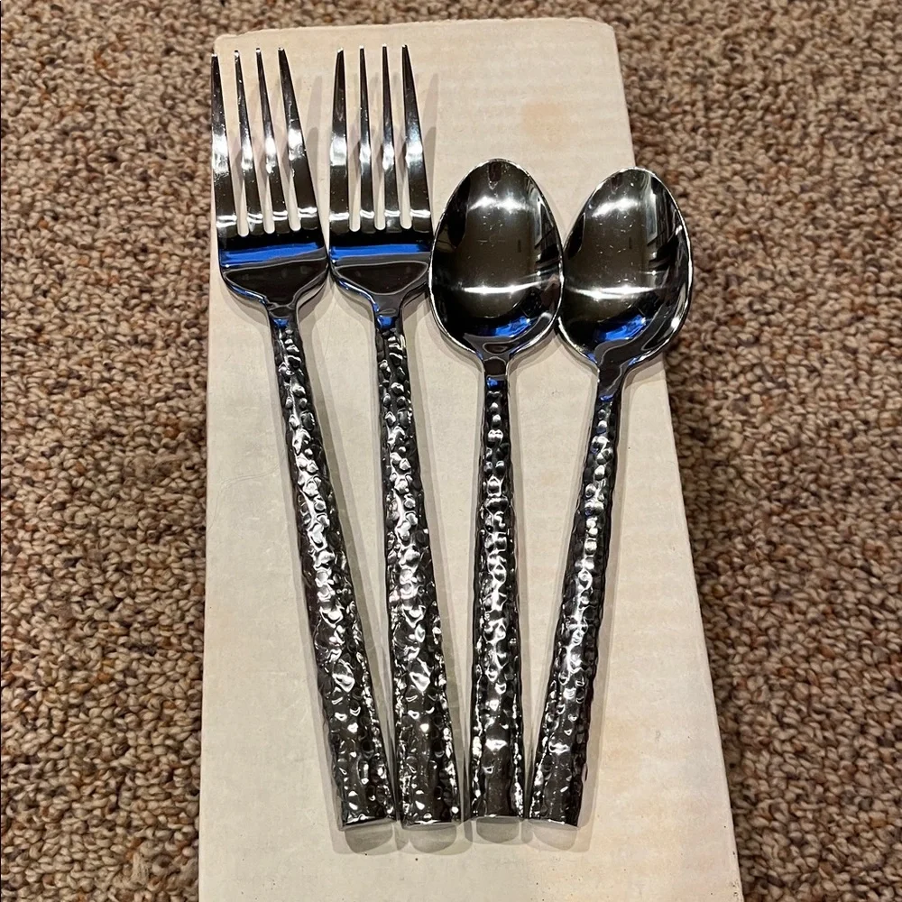 World Market heavy hammered stainless steel flatware 2 dinner forks 2 spoons EUC